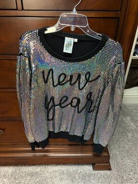 QUEEN OF SPARKLES Holographic Sequin Sweater with Black Trim